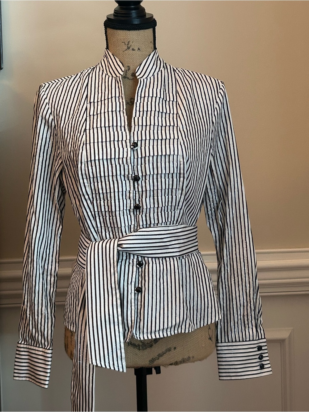 Jones New York Black & White Striped Belted Top with Silver Thread Accent